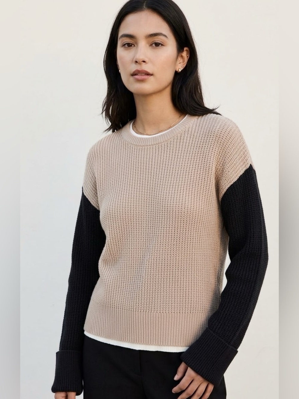 Splendid Beige and Black Colorblock Crewneck Sweater Fall Winter S